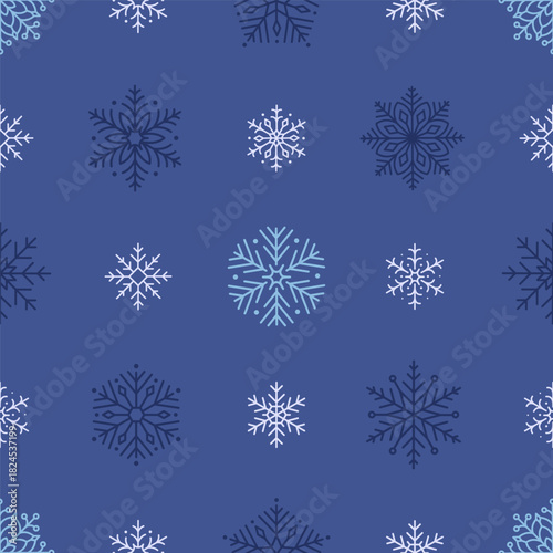 Seamless pattern with cute minimalistic snowflakes. Festive winter holiday design for Christmas, New Year. Perfect for banner, wallpaper, wrapping paper, background, card, poster. Vector illustration