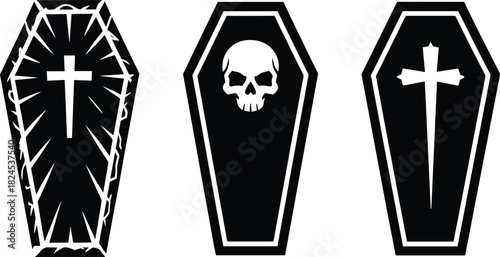 Three Black Coffins With White Symbols casket death