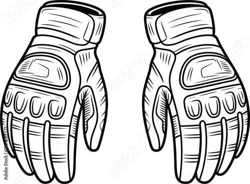 Protective gloves illustration, tactical gear sketch, reinforced knuckle design, safety wear, fashion drawing, garment concept, rugged style, apparel detail