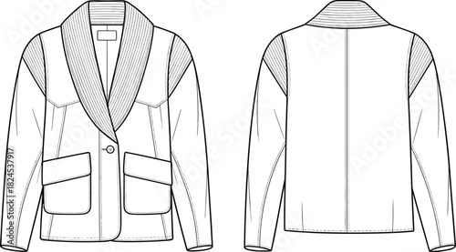 Shawl collar jacket technical sketch, front and back view, fashion illustration, garment design, outerwear template, single-button coat