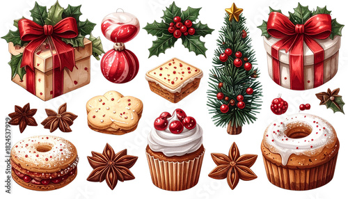 Christmas decorations isolated on white background, festive ornaments, holiday décor, Xmas embellishments, seasonal celebration items, colorful and joyful festive PNG.