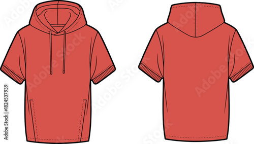 Short sleeve hoodie fashion sketch, casual top design, technical flat drawing, garment CAD illustration, sewing pattern template, cad drawing flat vector illustration