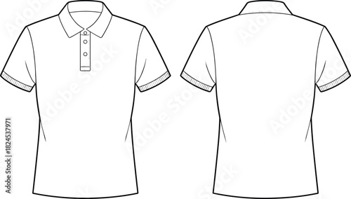 Short sleeve polo shirt technical sketch, front and back view, fashion flat drawing, apparel design template, vector illustration, garment blueprint