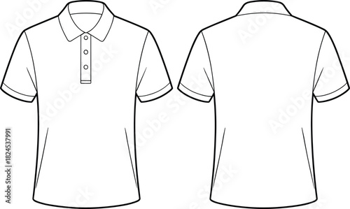 Short sleeve polo shirt technical sketch, front and back view, fashion flat drawing, garment design template, vector apparel illustration