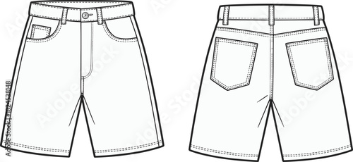 Shorts technical sketch, front and back view, waistband with belt loops, patch pockets, cad drawing flat vector fashion template