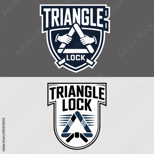 Triangle Lock martial arts grappling crest logos with clasped hands and symbol, combat sports badge set for jiu jitsu wrestling gym branding vector