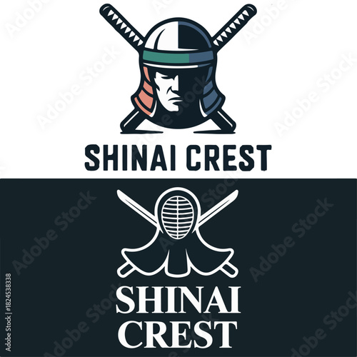 Shinai Crest kendo logos with samurai mask, crossed bamboo swords and men helmet, traditional Japanese martial arts emblem set for dojo branding vector