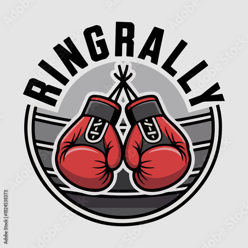 Ringrally boxing logo with tied red gloves over ring ropes, energetic fight sport emblem badge, modern gym branding vector for clubs, tournaments and apparel