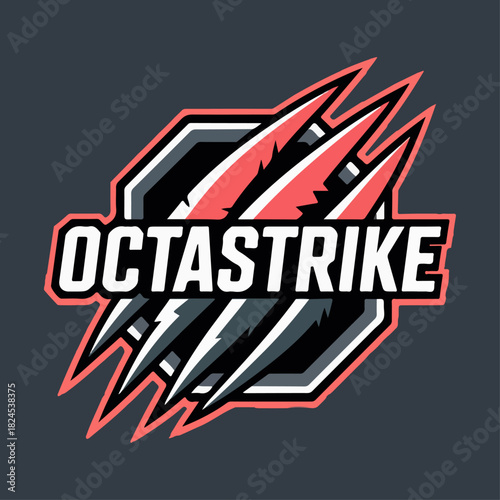 Octastrike slashed octagon crest with claw marks and bold typography, modern mixed martial arts striking team logo badge vector for fight club branding