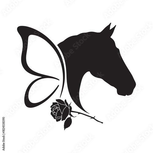 Horse head with butterfly wings and rose silhouette