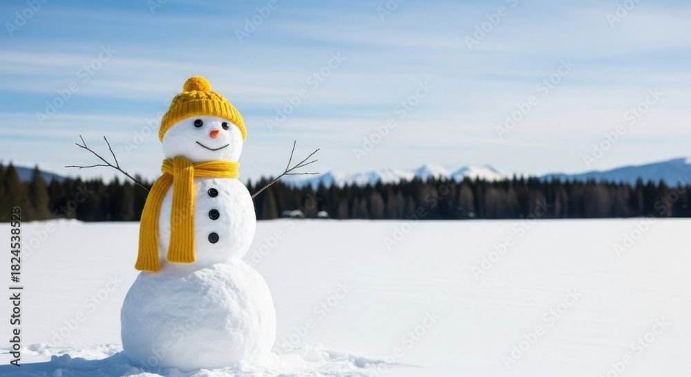 Fototapeta premium Snowman with Yellow Scarf and Hat in Snowy Landscape Winter Scene