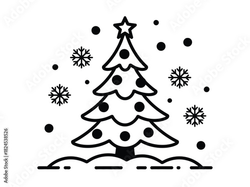 A christmas tree with a star on top and ornaments surrounded by snow flakes