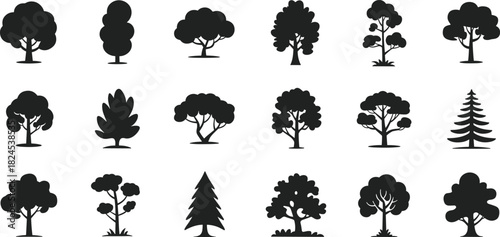 Silhouettes of 18 tree types, varied canopy and trunk styles, black vector illustration, cad drawing flat vector illustration