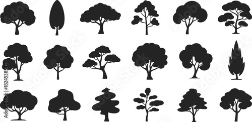 Silhouettes of 18 tree types, varied canopy and trunk shapes, black vector illustration, cad drawing flat vector illustration