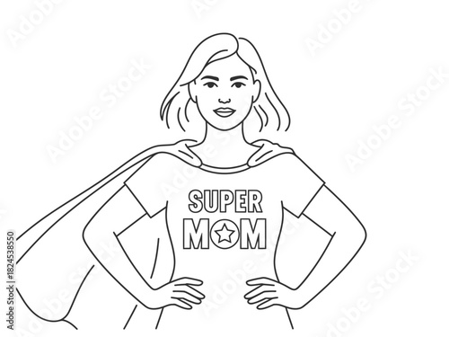 A woman with a cape and a t-shirt that says 'Super Mom' stands confidently.