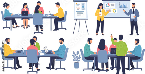 Business Meeting with Diverse Professionals Presenting Data in Modern Conference Room