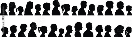 Silhouettes of diverse human profiles, side view heads, hairstyle variation, black vector illustration, cad drawing flat vector illustration