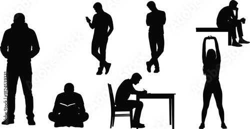 Silhouette of people in various poses on white background