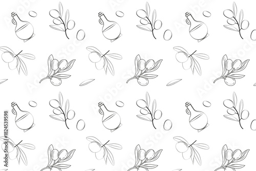 Elegant seamless pattern featuring hand-drawn olive branches, olives, and oil bottles. Perfect for packaging, textiles, or any Mediterranean-inspired design project.