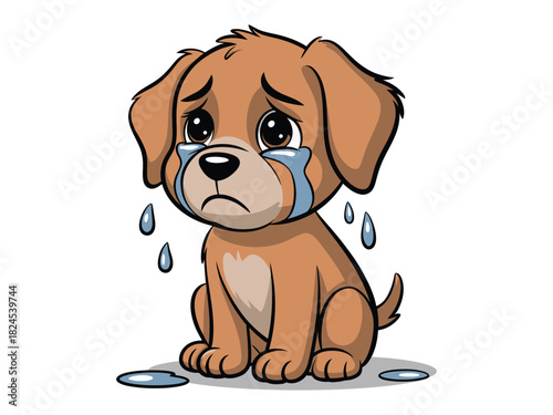 A sad puppy cries with tears streaming down its face.