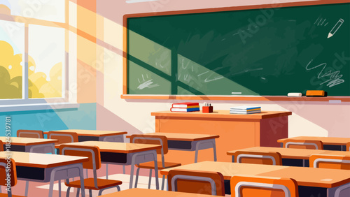 This vibrant classroom illustration features desks, books, stationery, a chalkboard, and decorative posters, creating a bright and organized space ready for learning and teaching.