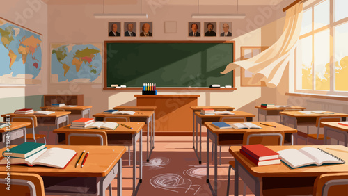 This vibrant classroom illustration features desks, books, stationery, a chalkboard, and decorative posters, creating a bright and organized space ready for learning and teaching.