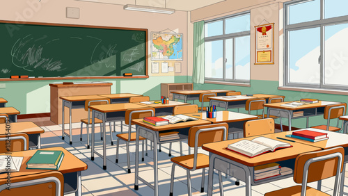 This vibrant classroom illustration features desks, books, stationery, a chalkboard, and decorative posters, creating a bright and organized space ready for learning and teaching.