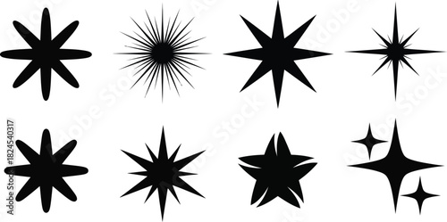 Collection of black sparkle and starburst shapes on white
