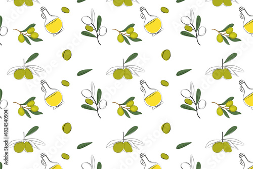 Charming seamless pattern featuring olive oil bottles, olives, and leaves. A playful, rustic design perfect for kitchenware, packaging, or Mediterranean-themed projects.