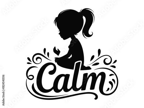 A silhouette of a young girl meditating with the word 'Calm' below her.