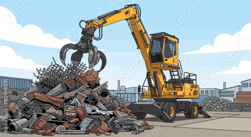 Illustration of a screening plant separating materials into piles.