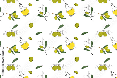 Charming seamless pattern featuring olive oil bottles, olives, and leaves. A playful, rustic design perfect for kitchenware, packaging, or Mediterranean-themed projects.
