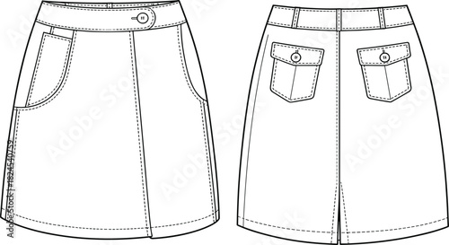 Skirt technical sketch, front and back view, fashion illustration, garment design, waistband detail, pocket layout, apparel template