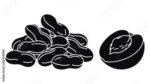 Black silhouette of peanuts and a halved apricot