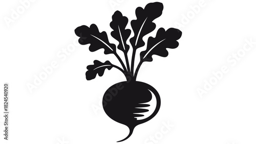 Black and white silhouette of a radish with green leaves