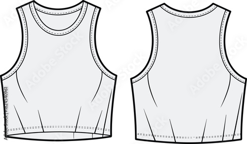 Sleeveless crop top sketch, round neckline design, fashion illustration, technical flat drawing, garment construction, apparel template, dart detail, clothing concept