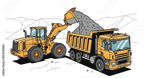 Illustration of a screening plant separating materials into piles.