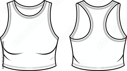 Sleeveless crop top technical sketch, front and back view, round neckline, fashion vector template, cad drawing flat vector illustration