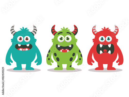 Three colorful cartoon monsters stand side-by-side against a white background.