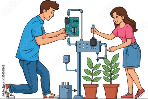 Smart irrigation system setup, cartoon-style teamwork with sensors and electronics, sustainable agriculture vector, cad drawing flat vector illustration