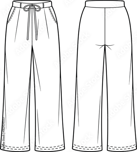 Technical fashion illustration, wide-leg pants front and back view, drawstring waist, flat vector, garment design, cad drawing