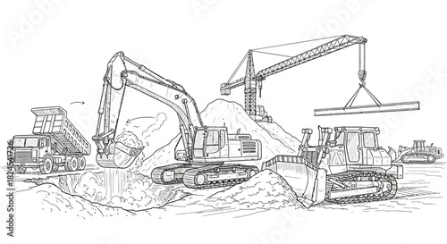 Illustration of a screening plant separating materials into piles.