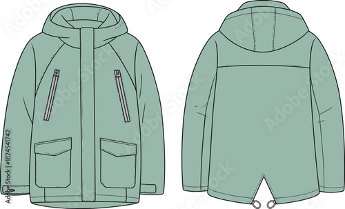 Technical hooded jacket sketch, teal outerwear, zip pockets, flap pockets, fishtail hem, drawstring detail, fashion design, garment construction