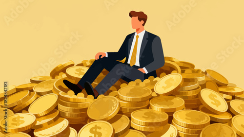 A businessman in a suit sits on a large pile of gold coins, symbolizing financial success, wealth accumulation, and prosperous business achievements.