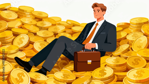 A businessman in a suit sits on a large pile of gold coins, symbolizing financial success, wealth accumulation, and prosperous business achievements.