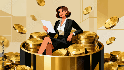 A businessman in a suit sits on a large pile of gold coins, symbolizing financial success, wealth accumulation, and prosperous business achievements.