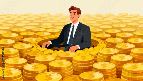 A businessman in a suit sits on a large pile of gold coins, symbolizing financial success, wealth accumulation, and prosperous business achievements.