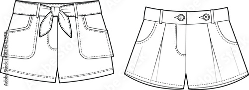Technical shorts sketch, women’s fashion design, tailored shorts drawing, garment blueprint,