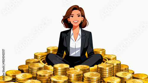A businessman in a suit sits on a large pile of gold coins, symbolizing financial success, wealth accumulation, and prosperous business achievements.