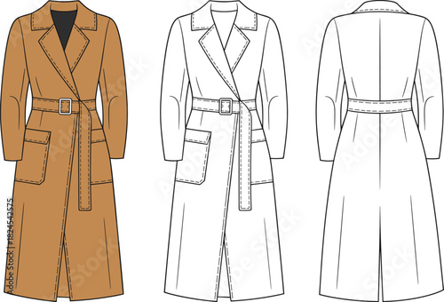 Trench coat fashion illustration, belted outerwear sketch, technical flat drawing, garment CAD design, sewing pattern template, cad drawing flat vector illustration